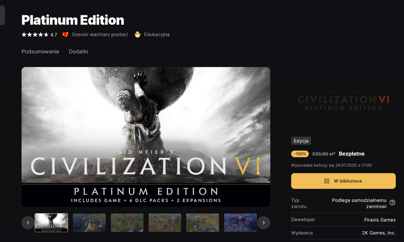 Epicka promocja w Epic: Civilization VI: Platinum Edition za darmo