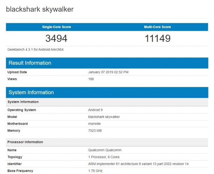 Xiaomi Black Shark Skywalker przetestowany w Geekbench. Wydajność na poziomie Xperii XZ4