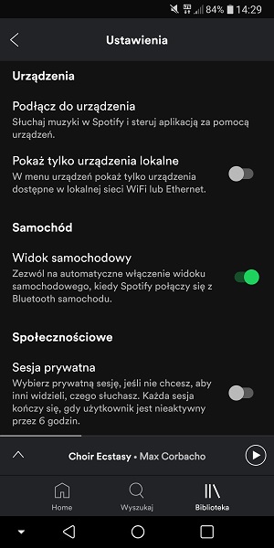Spotify z dedykowanym trybem samochodowym. Aplikacja ma dodatkowy, uproszczony wygląd interfejsu