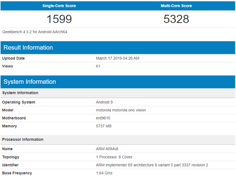 Motorola One Vision z Exynosem 9610 pojawiła się w bazie Geekbench