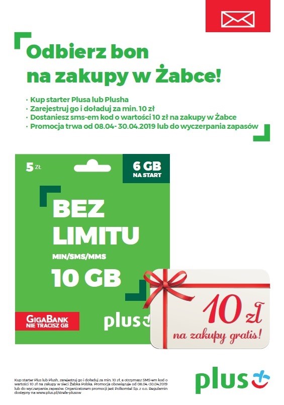 Kup, zarejestruj i doładuj starter Plusa, a otrzymasz 10 zł na zakupy w Żabce