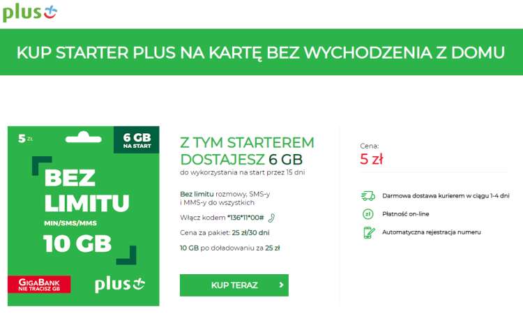 Starter Plusa kupisz bez wychodzenia z domu. Kurier za darmo przywiezie kartę do domu