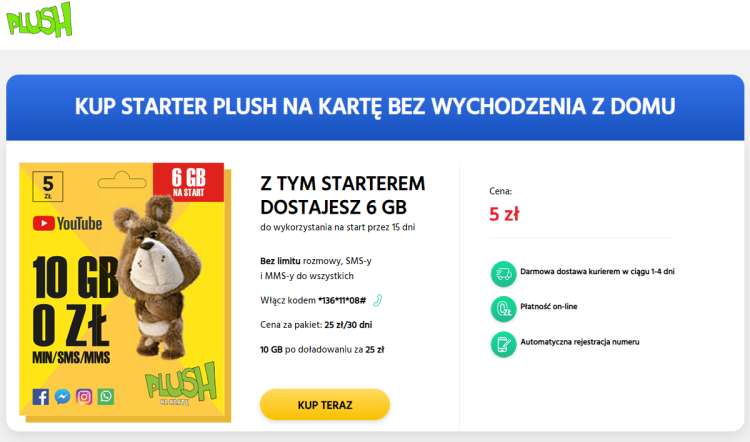 Starter Plusa kupisz bez wychodzenia z domu. Kurier za darmo przywiezie kartę do domu