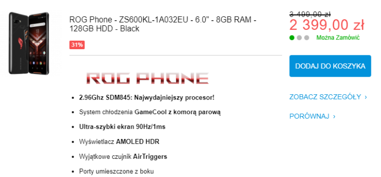 W promocji Asus ROG Phone kosztuje 2399 zł - to o ponad tysiąc złotych taniej niż normalnie