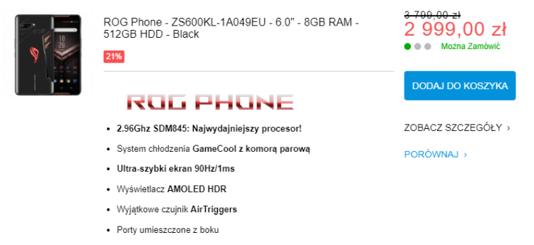 W promocji Asus ROG Phone kosztuje 2399 zł - to o ponad tysiąc złotych taniej niż normalnie