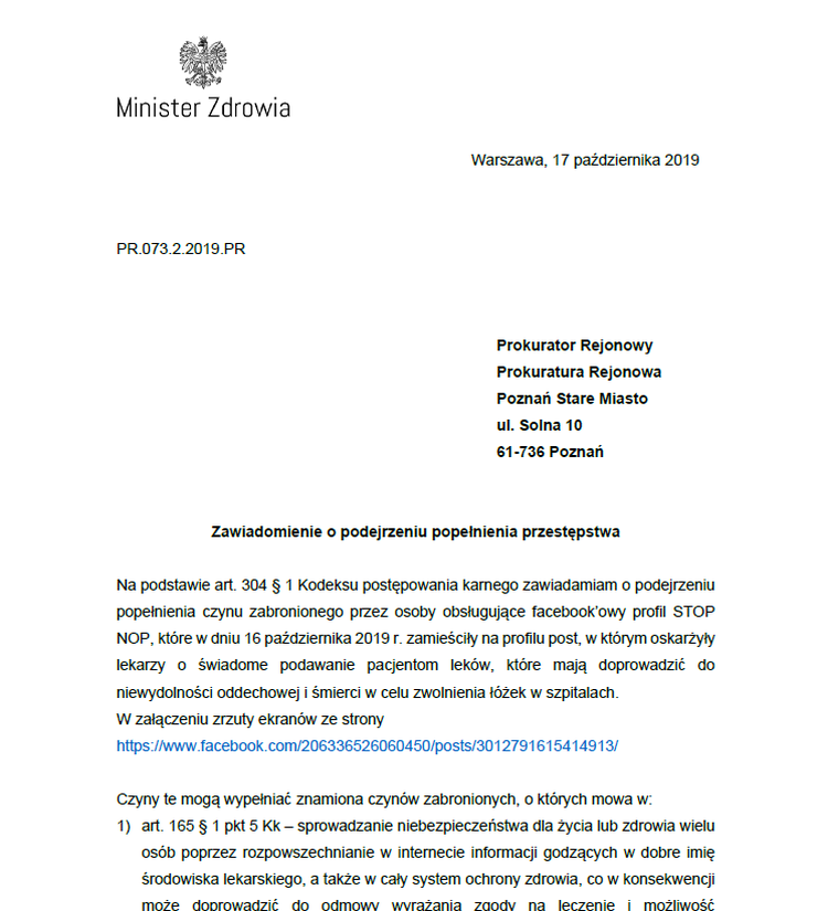 Ministerstwo Zdrowia oskarża STOP NOP o szerzenie dezinformacji w Internecie