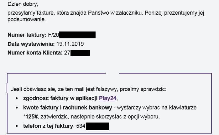 Play ponownie ostrzega przed e-mailami z fałszywymi fakturami