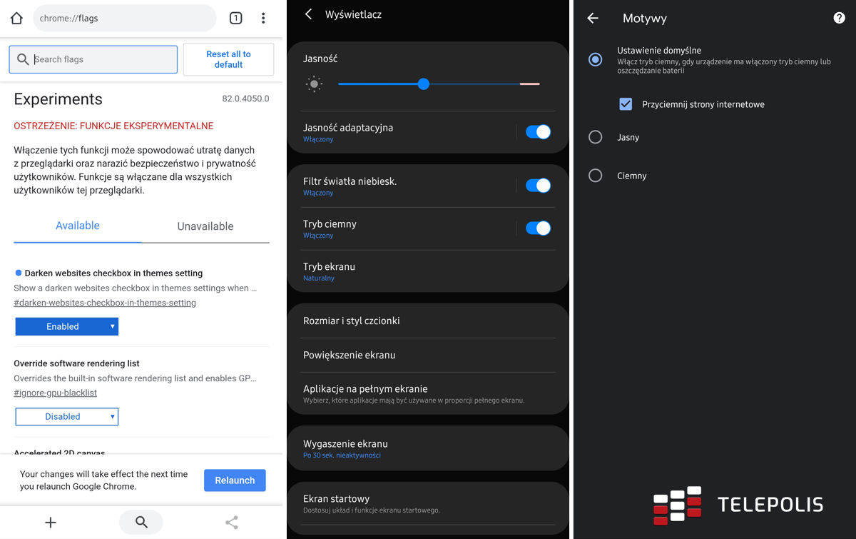 Google Chrome przyciemni strony na podstawie skórki Androida