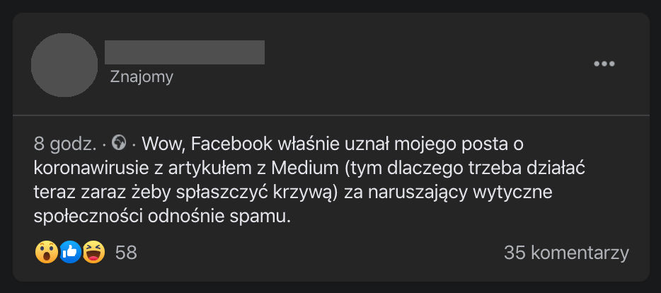 Błąd na Facebooku. Zwykłe wpisy o koronawirusie są traktowane jako spam