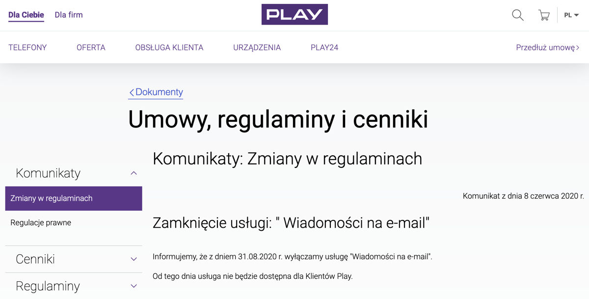 Play kończy z SMS-ami na e-mail. Usługa działa do końca sierpnia