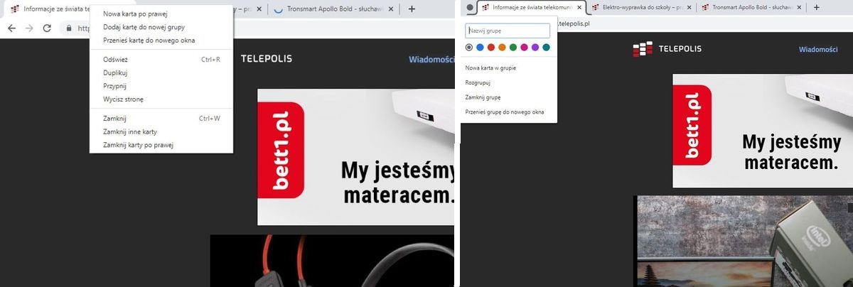 Chrome 85 z grupowaniem zakładek