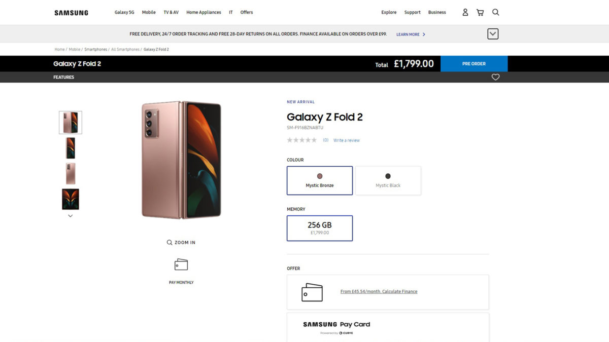 Galaxy Z Fold 2: cena nadchodzącego smartfonu ujawniona przez brytyjski sklep Samsunga