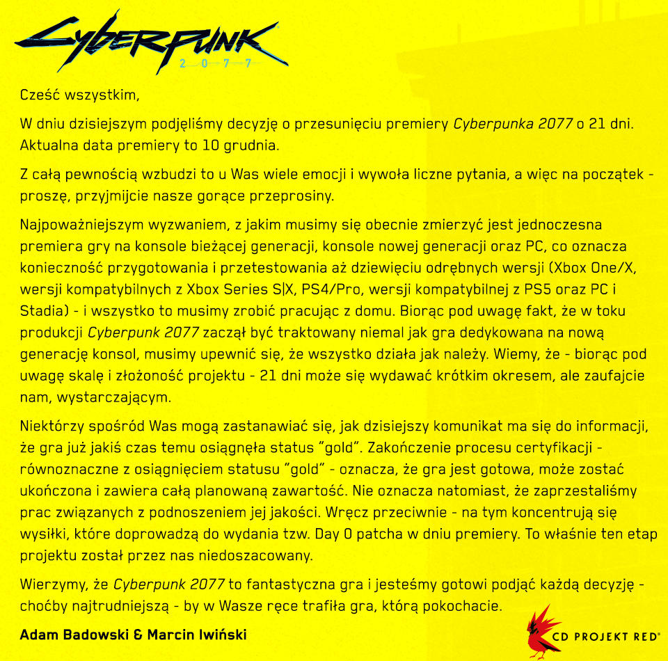 Cyberpunk 2077 znowu przesunięty. Tym razem o 21 dni