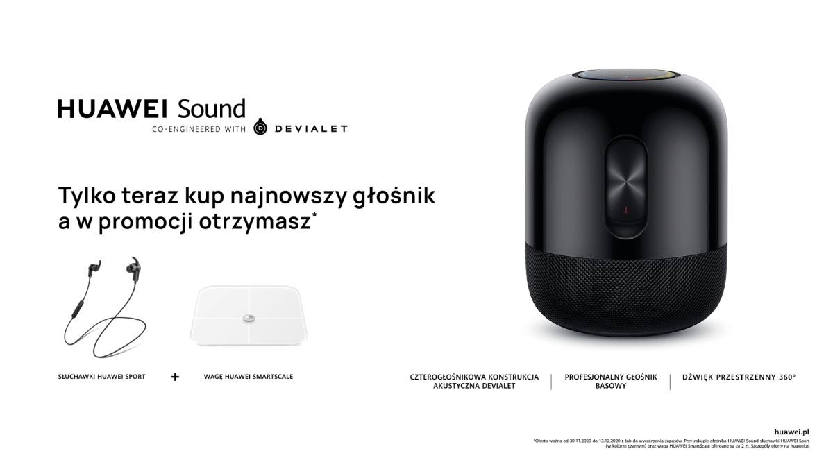 Huawei Sound w polskiej przedsprzedaży. Razem z głośnikiem w prezencie można otrzymać słuchawki i wagę