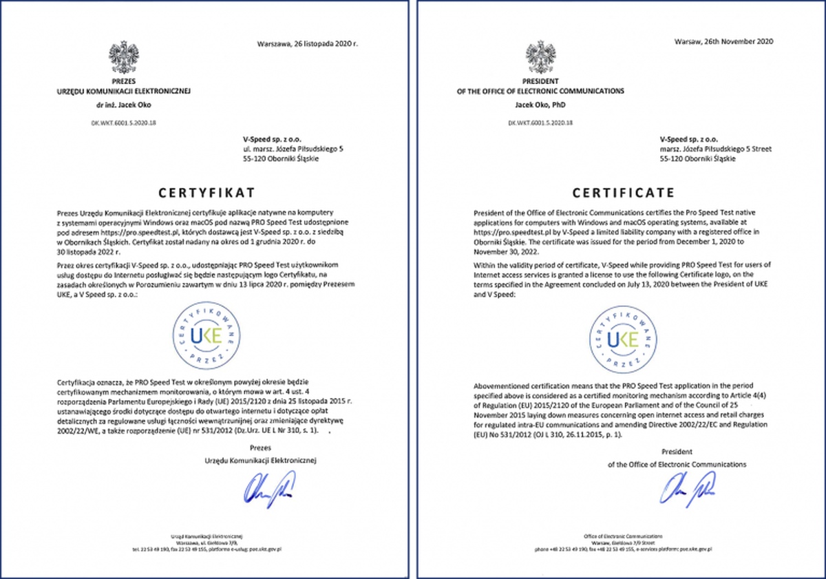 PRO Speed Test z nowym certyfikatem UKE