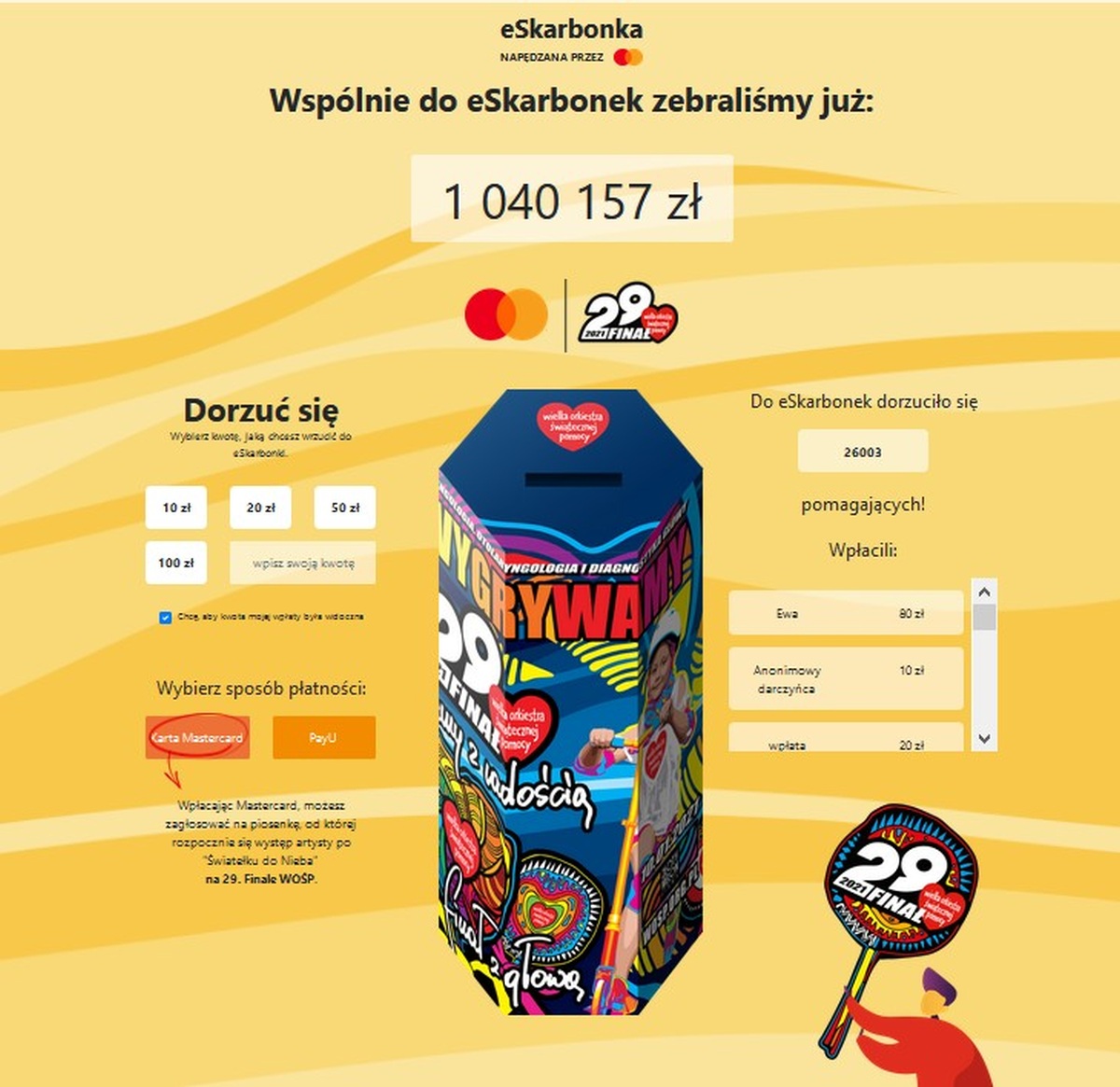Mastercard: do eSkarbonki w ramach 29. Finału WOŚP wrzucono już ponad milion złotych