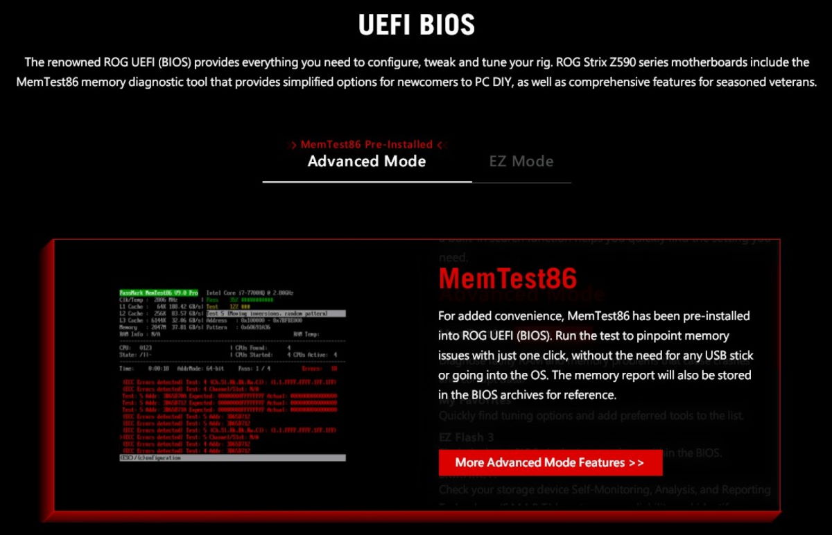 Asus dodał MemTest86 do płyt głównych ROG z chipsetami Z590