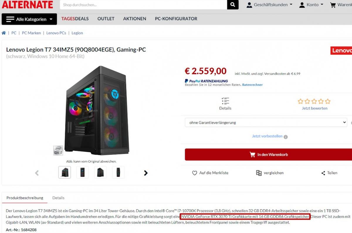 GeForce RTX 3070 Ti pojawił się w komputerze Lenovo