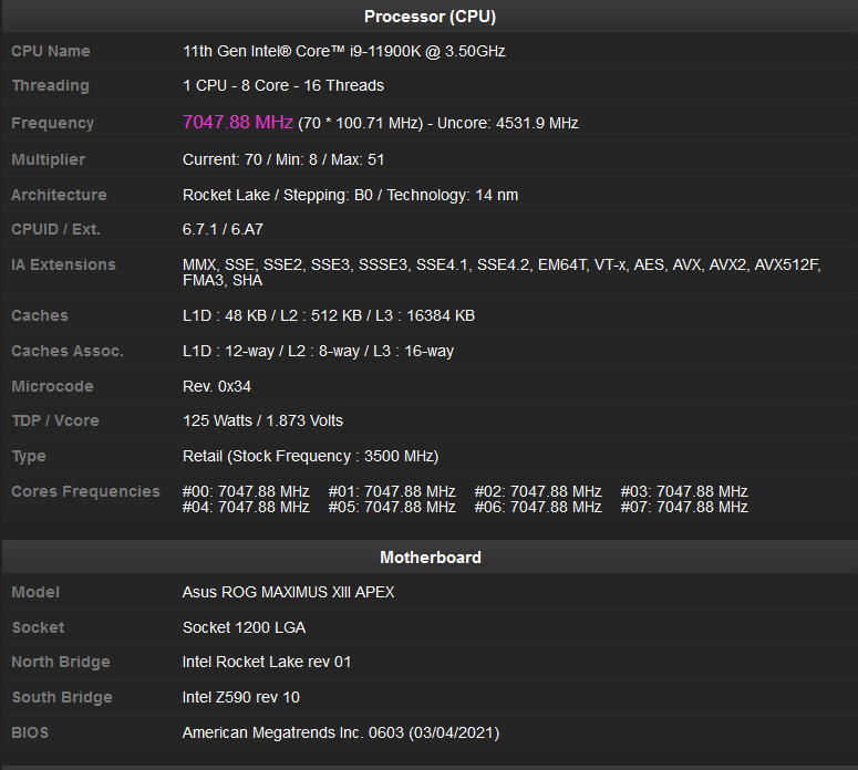 Intel Core i9-11900K podkręcony do ponad 7 GHz przy niskim napięciu