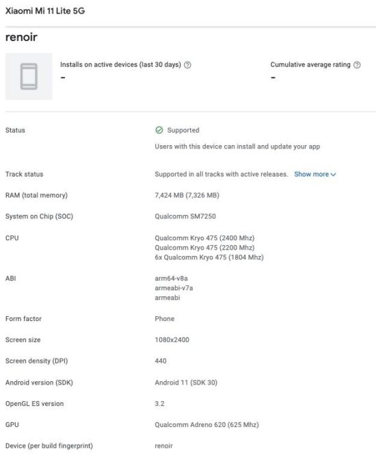 Konsola Google Play ujawnia część specyfikacji Xiaomi Mi 11 Lite 5G