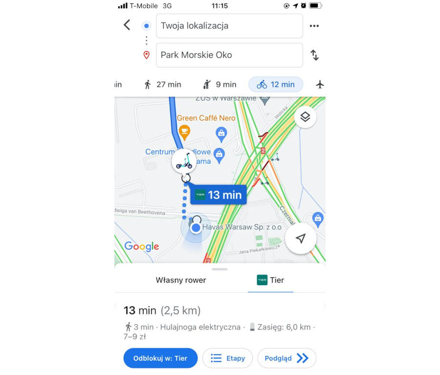 Na Mapach Google w polskich miastach znajdziecie e-hulajnogi TIER