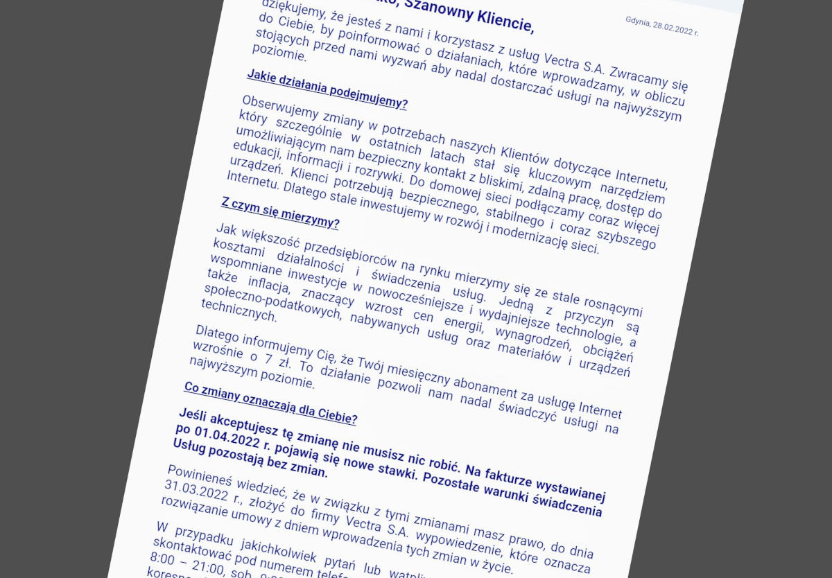 Vectra podwyższa ceny internetu – można rozwiązać umowę
