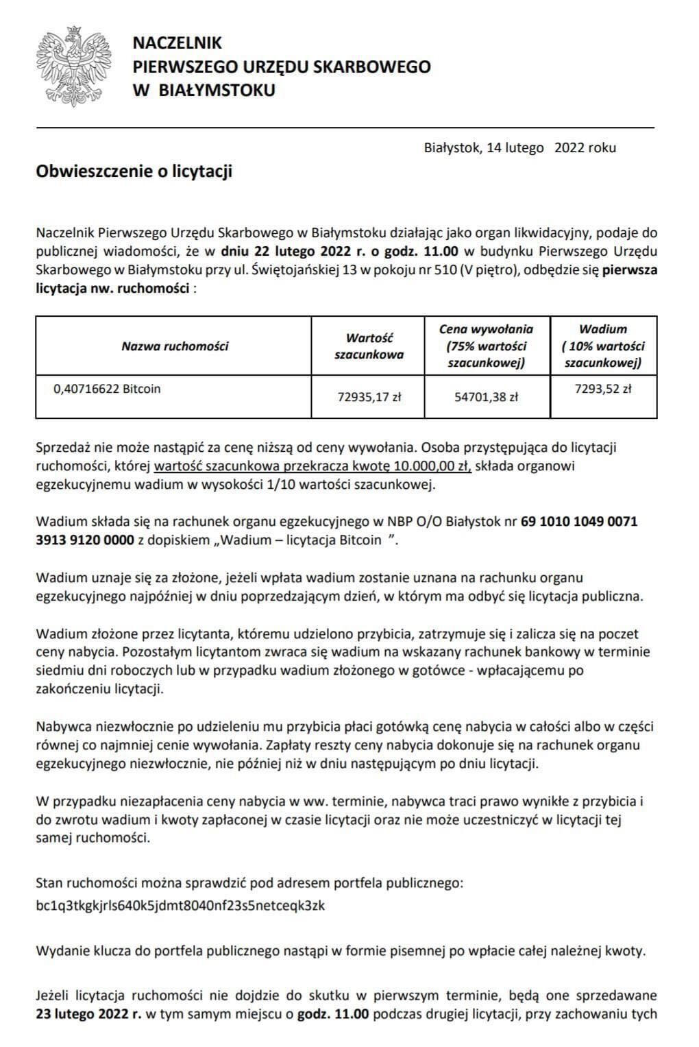 Urząd Skarbowy przejął Bitcoiny, a teraz nimi handluje