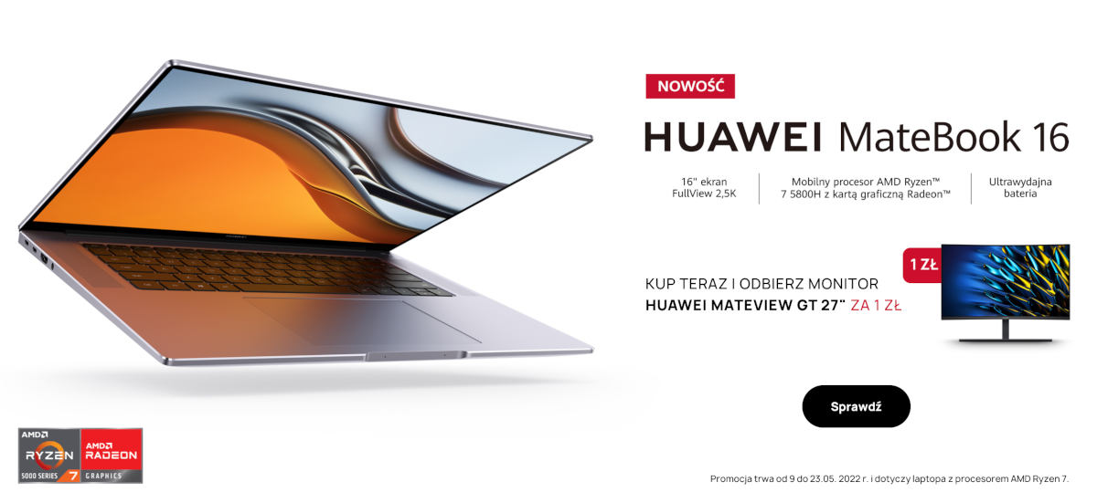Huawei MateBook 16 w mocnej promocji na start – dostaniesz monitor za 1 zł
