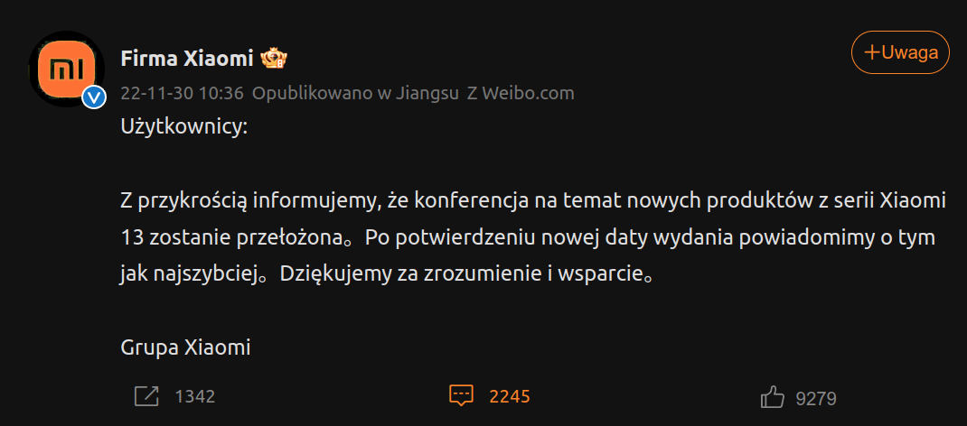 Xiaomi 13 opóźniony. Jutro premiery nie będzie