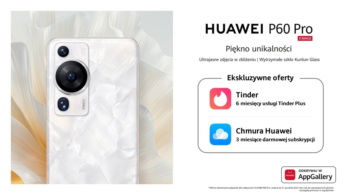 Kup Huawei P60 Pro i zgarnij zegarek, Tinder Plus oraz 200 GB za darmo