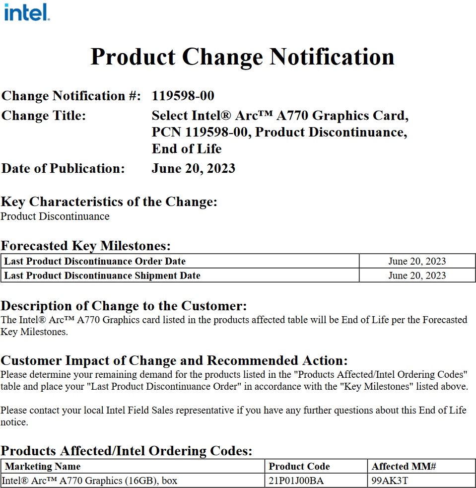 Intel wycofuje kartę graficzną Arc A770 Limited Edition