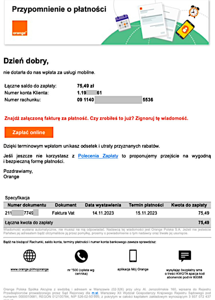 Zwodnicze faktury w Orange. Pod żadnym pozorem nie płać