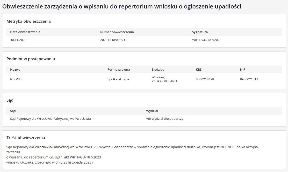 Neonet ogłasza upadłość. Firma wydała oświadczenie (aktualizacja)