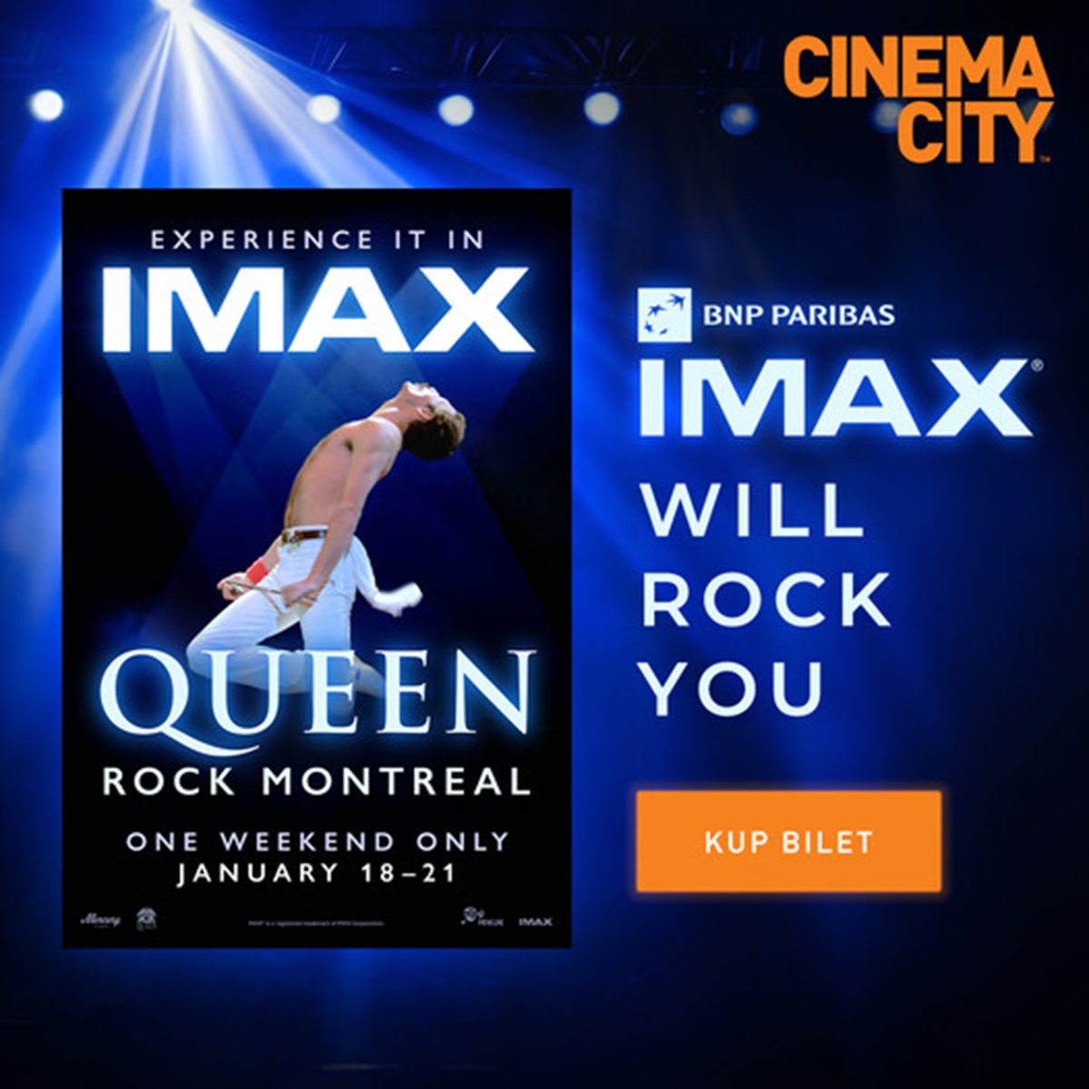 Cinema City organizuje koncert w sali kinowej. Uczestnicy posłuchają koncertu Queen