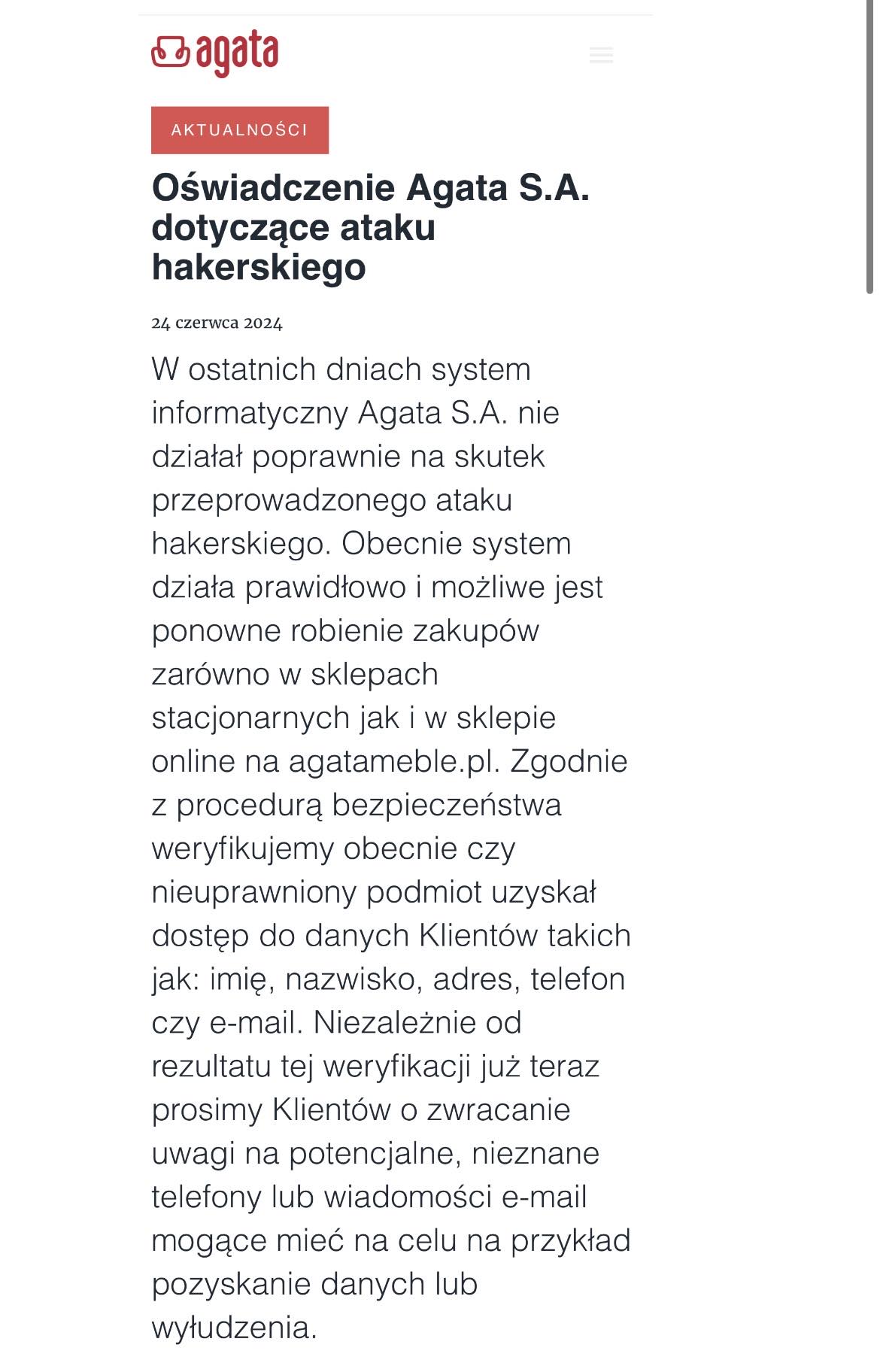 Agata Meble zhakowane. Wyciekły dane klientów