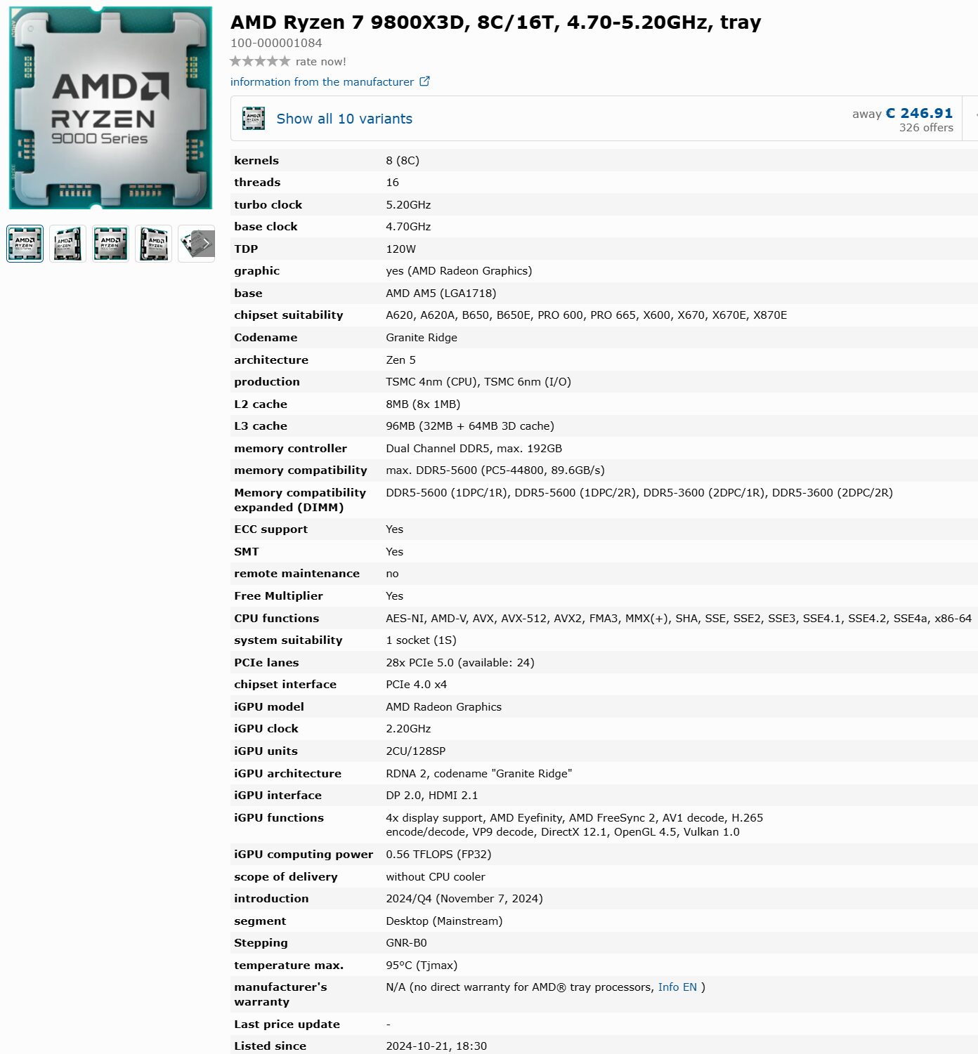 AMD Ryzen 7 9800X3D bez tajemnic. Znamy pełną specyfikację i cenę