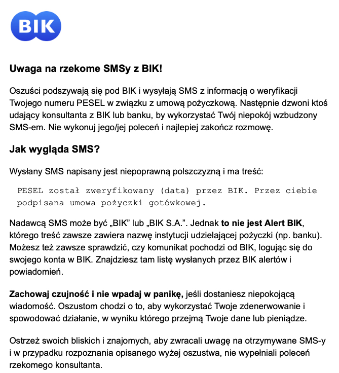 Polacy dostają podejrzane SMS-y. Wcześniej mObywatel, teraz BIK