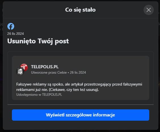 Będzie skandal? Facebook ocenzurował polską agencję rządową
