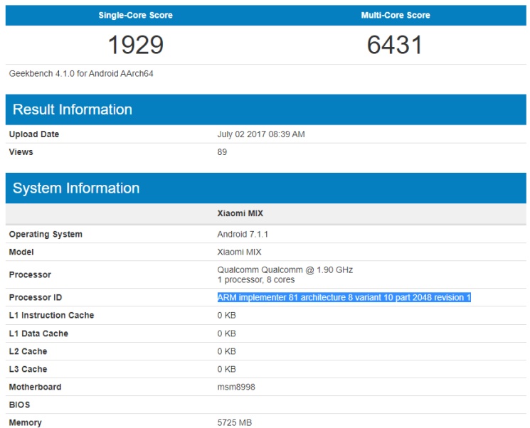 Geekbench ujawnia część specyfikacji smartfonu Mi MIX 2