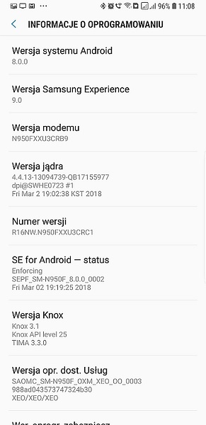 Galaxy Note8 z Androidem Oreo