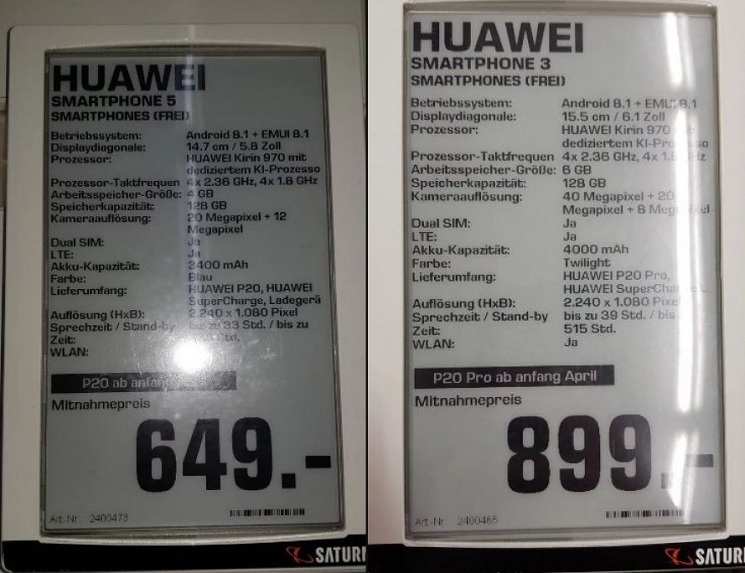 Niemiecki Saturn potwierdza specyfikację Huaweia P20 i P20 Pro